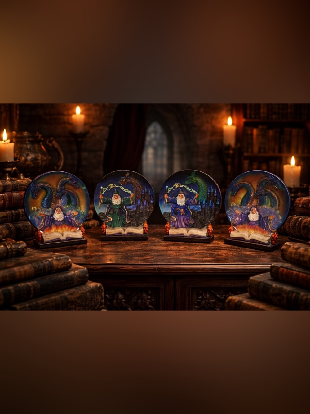 🏰 Vintage Wizard Dragon Collector Decor Set (4) Fantasy Gothic Castle Medieval 🐉
